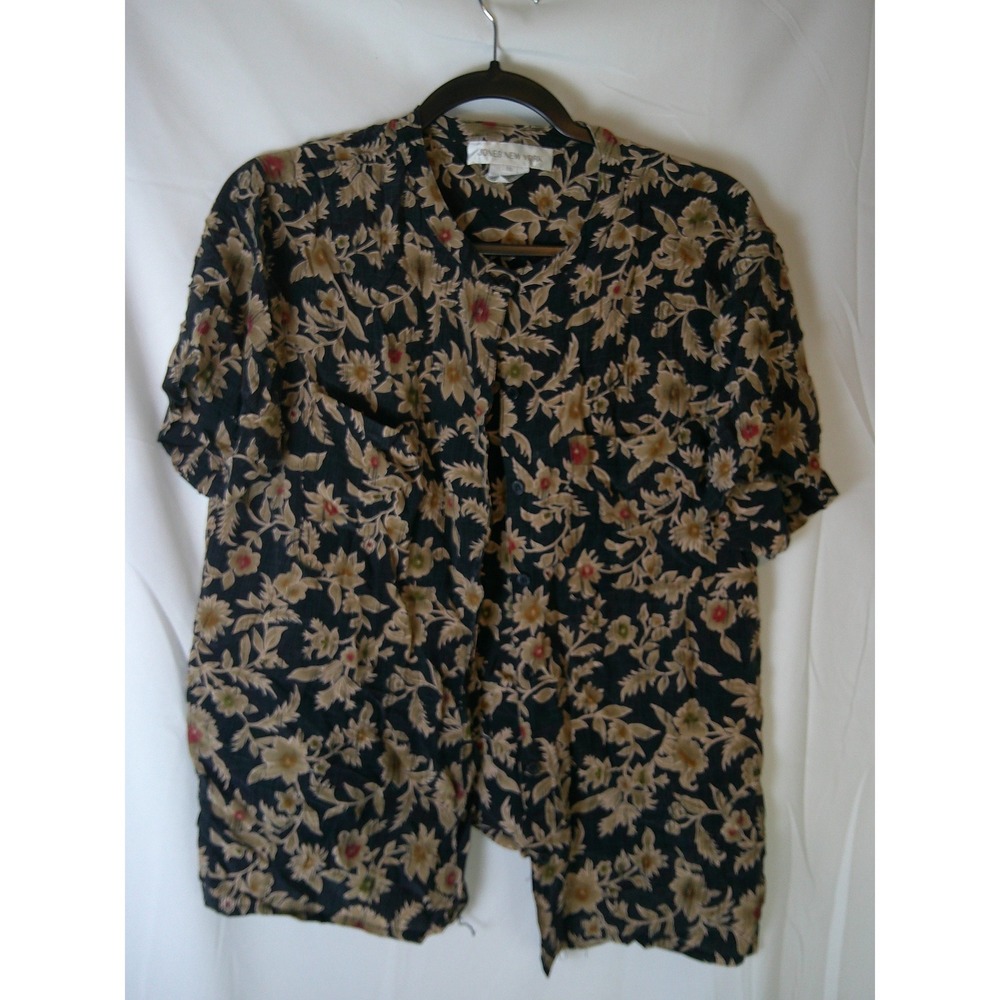 Jones New York 100% Silk Floral Blouse Short Sleeve Button Front Black Tan 10